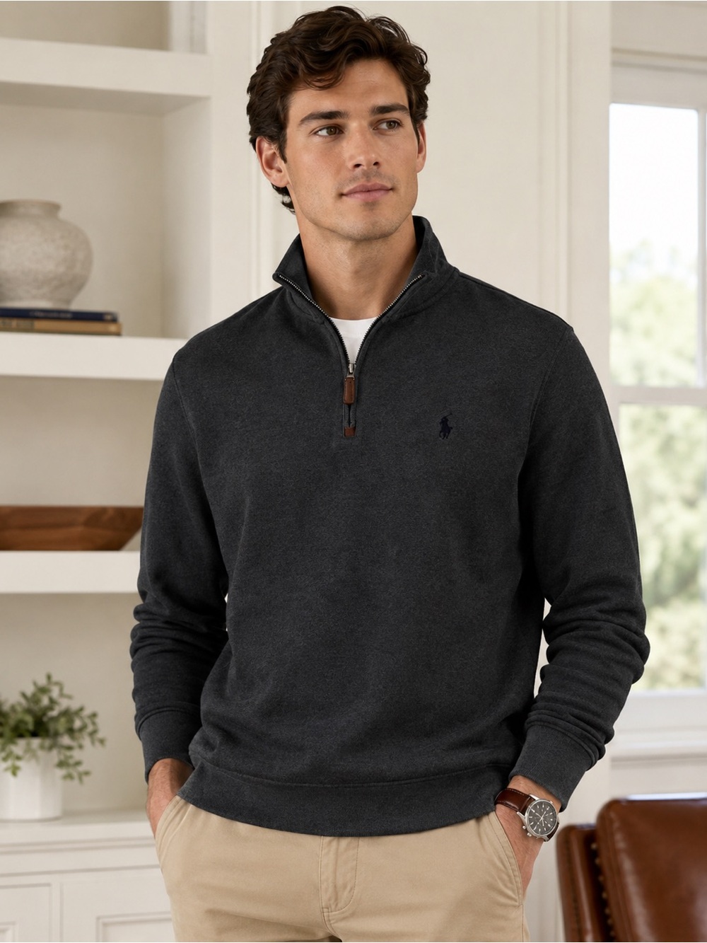 Polo Ralph Lauren Charcoal Gray Men's Cotton Quarter-Zip Pullover Sweater Preppy